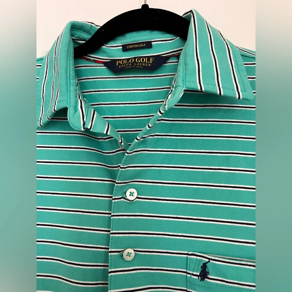 Ralph Lauren Polo Golf shirt Green blue striped Stretch Lisle Short sleeve men S